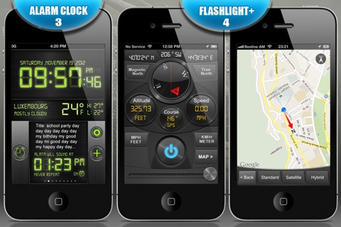 Скриншот из GPS Dragon 6 in 1 (1.Trip Pages, 2.Speedometer +, 3.Alarm Clock, 4.Compass, Flashlight, Speedometer, Altimeter, Course, 5.Weather Compass, 6.Compass  Pro)